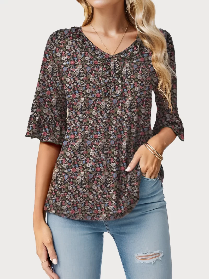 floral wrinkle v neck flare blouse 16612 1